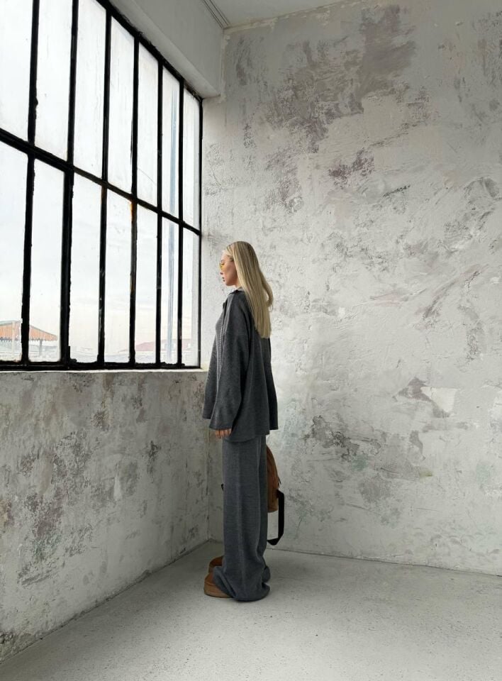 Baharlık Örgü Detaylı Oversize Kazak Pantolon Triko Alt-üst Takım