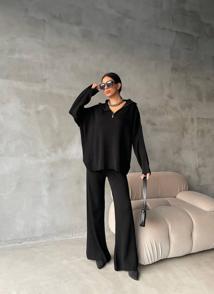 Baharlık Örgü Detaylı Oversize Kazak Pantolon Triko Alt-üst Takım