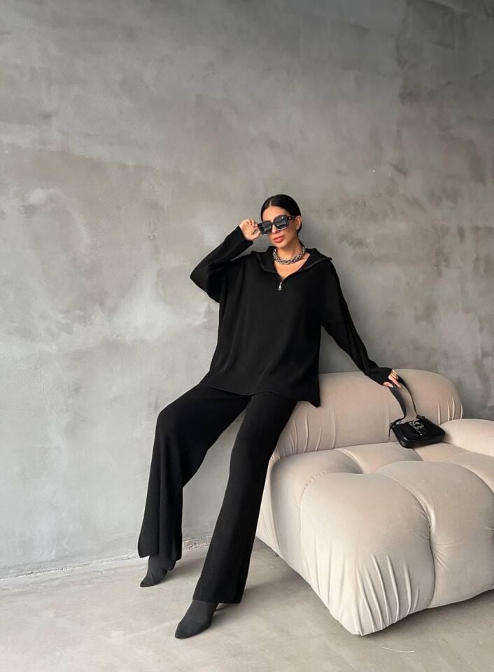 Baharlık Örgü Detaylı Oversize Kazak Pantolon Triko Alt-üst Takım