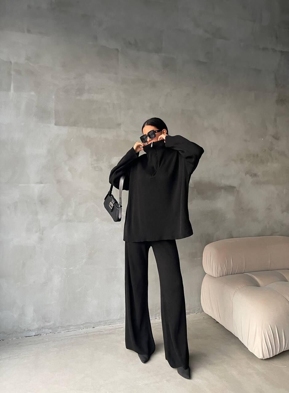 Baharlık Örgü Detaylı Oversize Kazak Pantolon Triko Alt-üst Takım