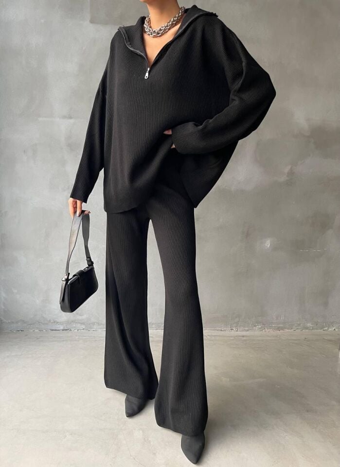 Baharlık Örgü Detaylı Oversize Kazak Pantolon Triko Alt-üst Takım