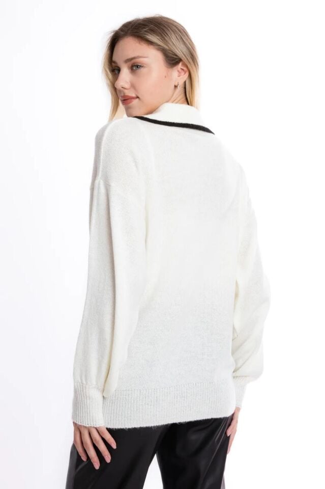 Trend Ip Bağlama Detaylı Ekru Kadın Yumuşak Salaş Kazak