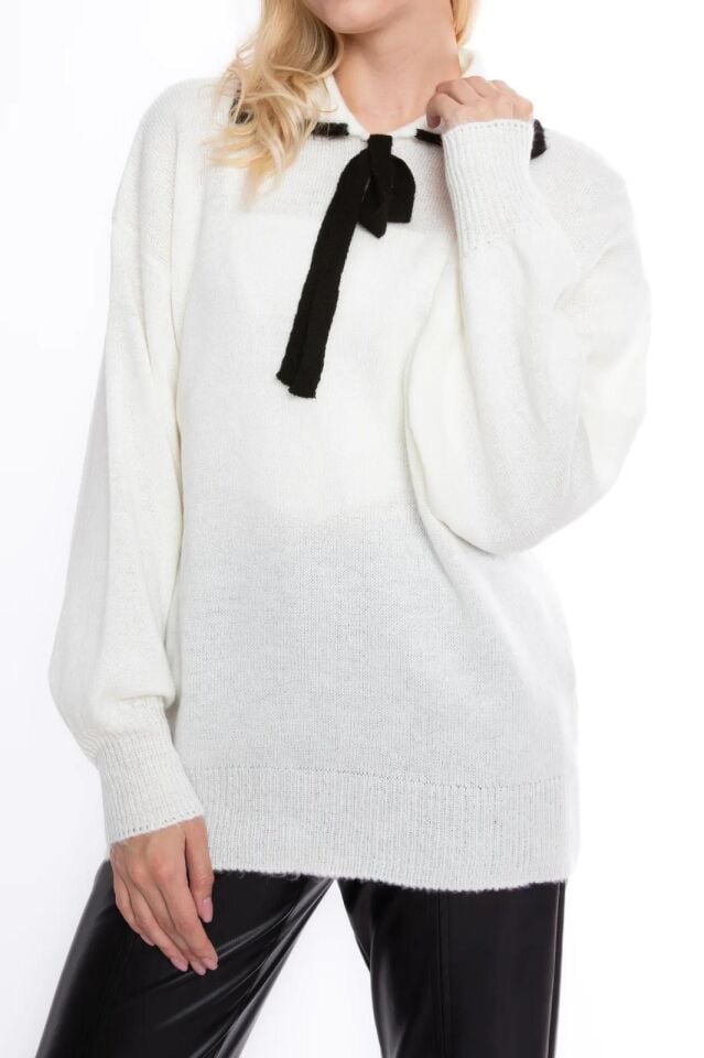 Trend Ip Bağlama Detaylı Ekru Kadın Yumuşak Salaş Kazak