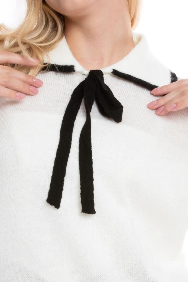 Trend Ip Bağlama Detaylı Ekru Kadın Yumuşak Salaş Kazak