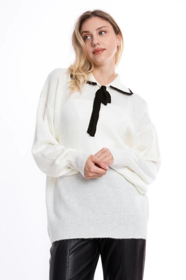 Trend Ip Bağlama Detaylı Ekru Kadın Yumuşak Salaş Kazak