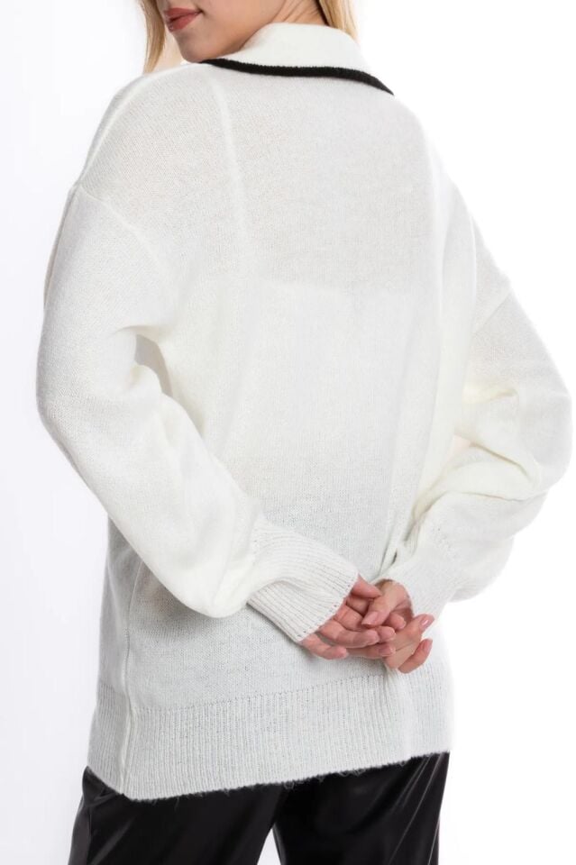 Trend Ip Bağlama Detaylı Ekru Kadın Yumuşak Salaş Kazak