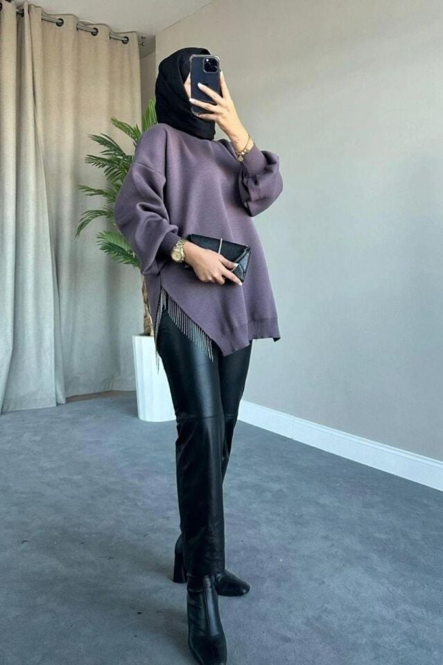 Yarı Zincirli Triko Kazak Tunik Mürdüm