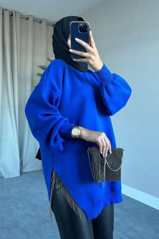 Yarı Zincirli Triko Kazak Tunik Saks mavi