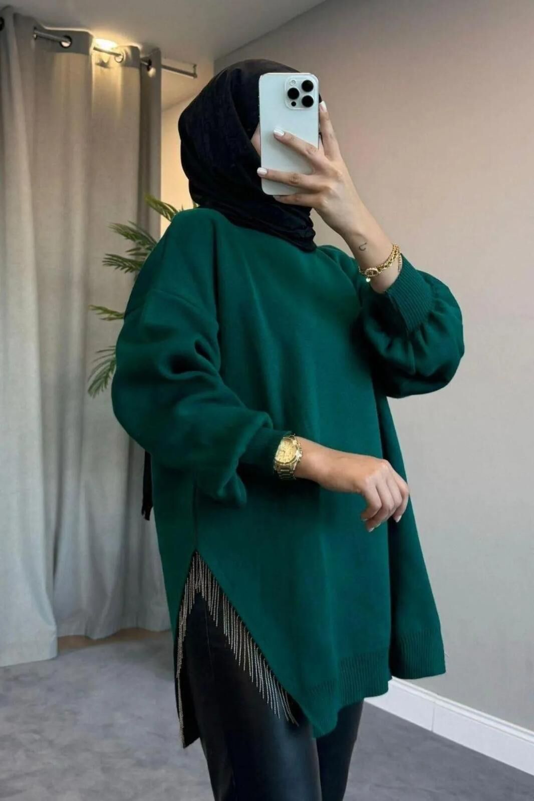 Yarı Zincirli Triko Kazak Tunik Yeşil