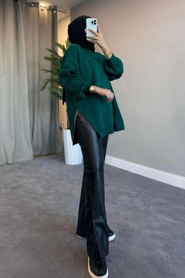 Yarı Zincirli Triko Kazak Tunik Yeşil