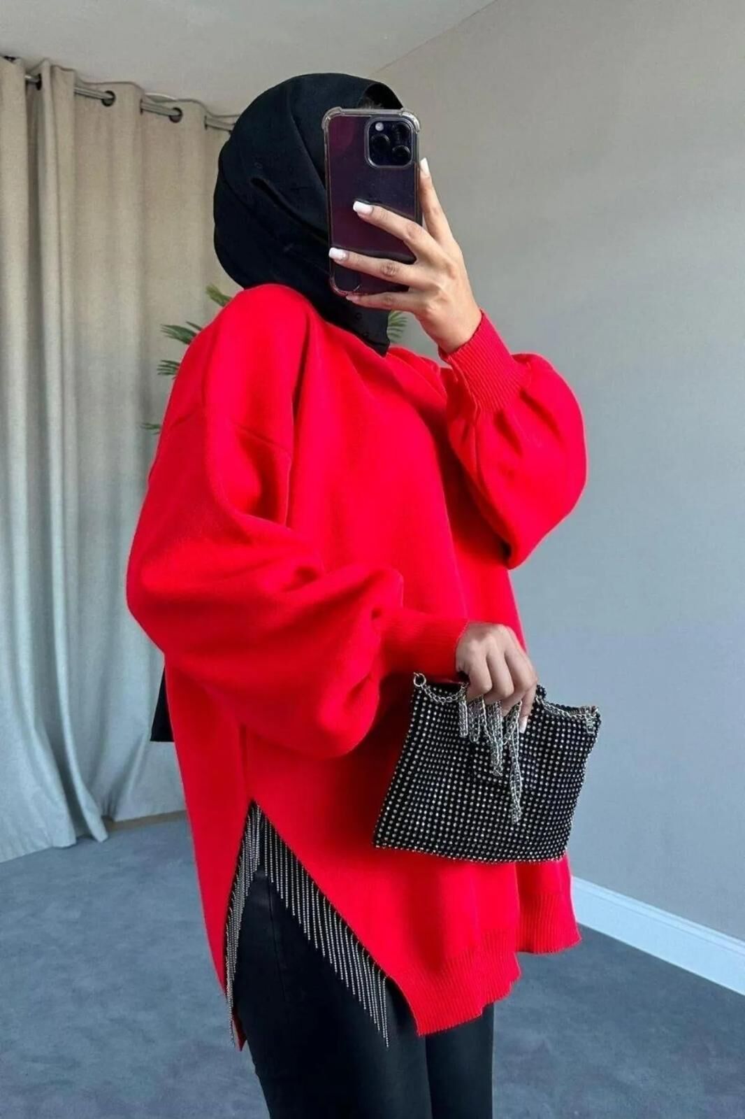 Yarı Zincirli Triko Kazak Tunik Kırmızı