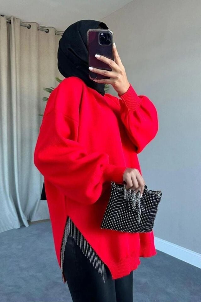 Yarı Zincirli Triko Kazak Tunik Kırmızı