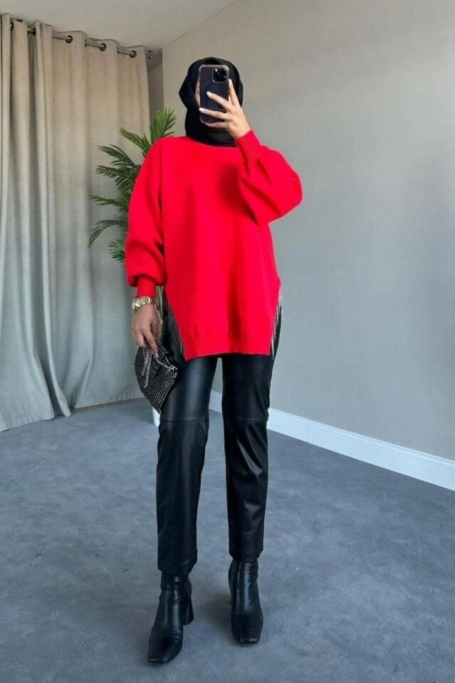 Yarı Zincirli Triko Kazak Tunik Kırmızı