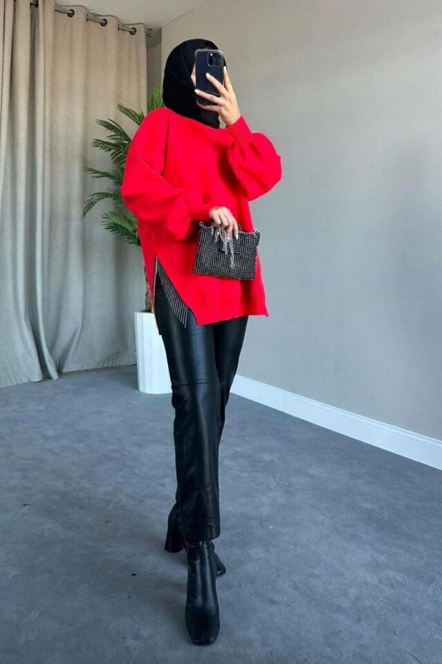 Yarı Zincirli Triko Kazak Tunik Kırmızı