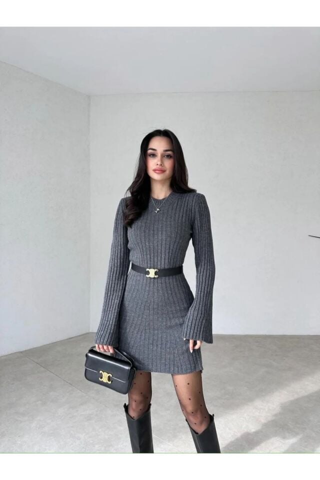 Kadın Mini Fitilli Kışlık Triko Elbise