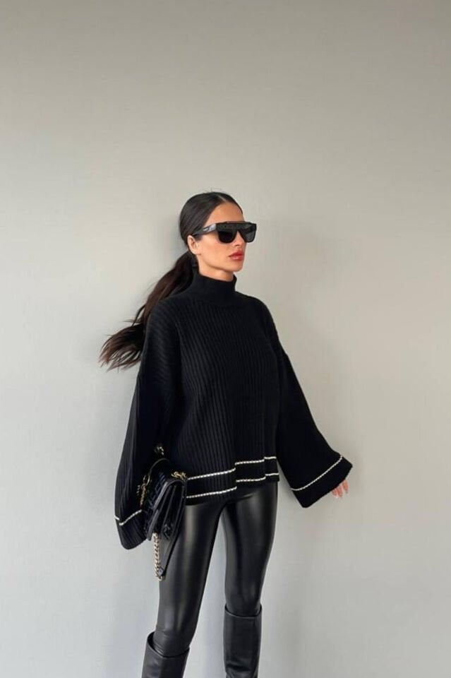 Geniş Kol Çizgili Triko Kazak