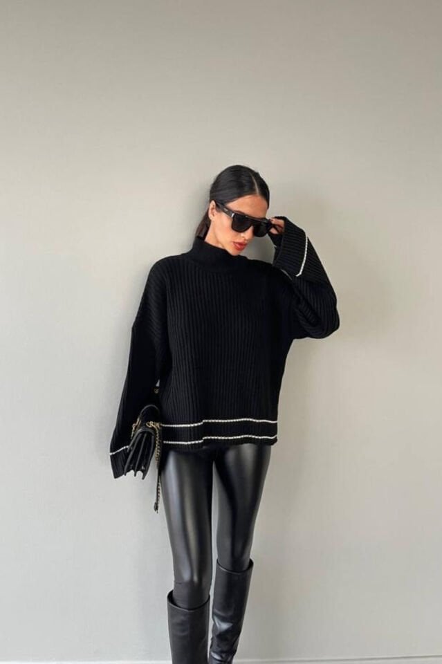 Geniş Kol Çizgili Triko Kazak