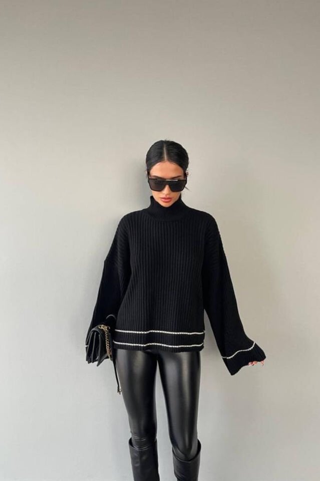 Geniş Kol Çizgili Triko Kazak