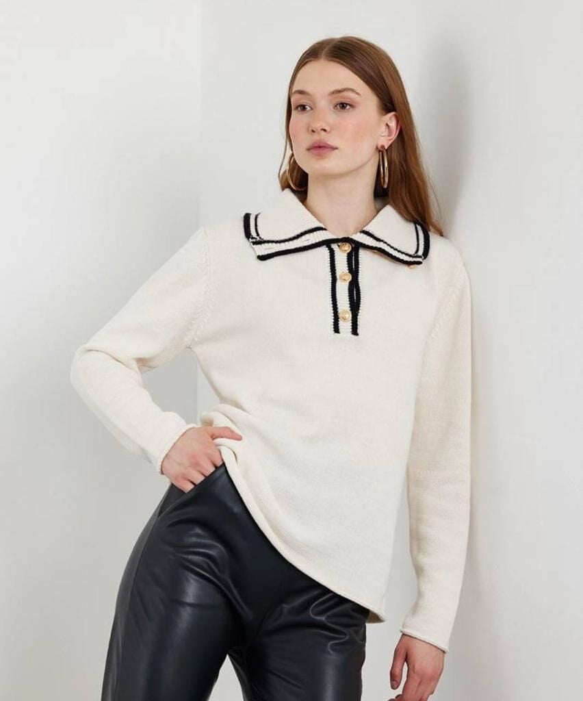 Patlı Gömlek Yaka Kadın Triko Kazak