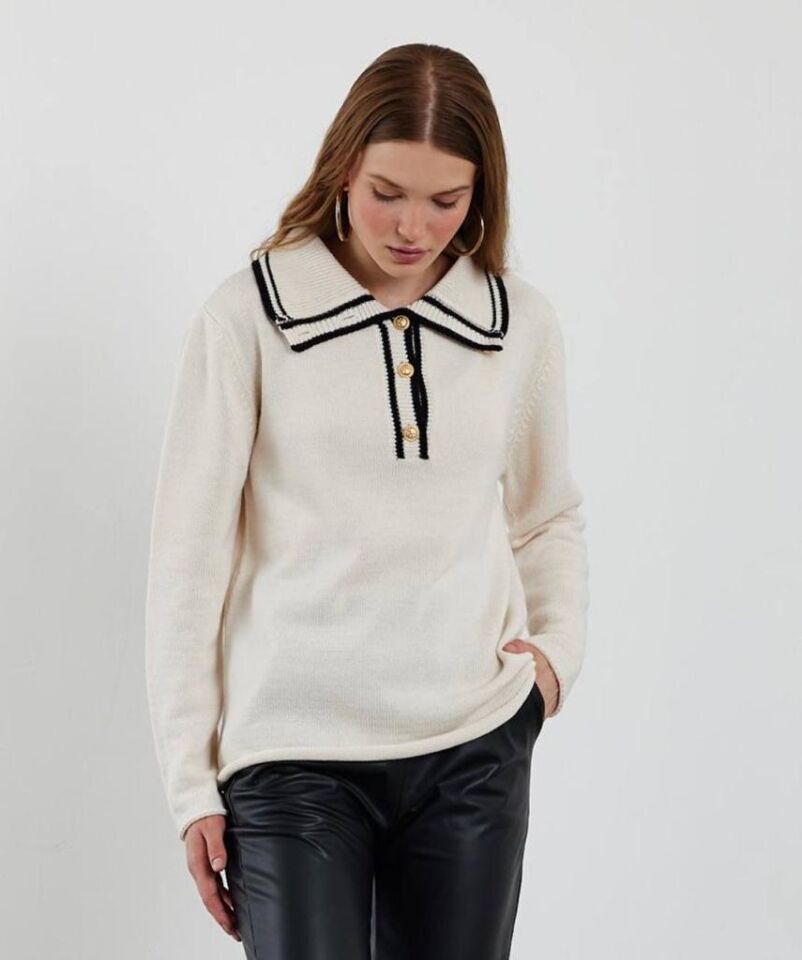 Patlı Gömlek Yaka Kadın Triko Kazak