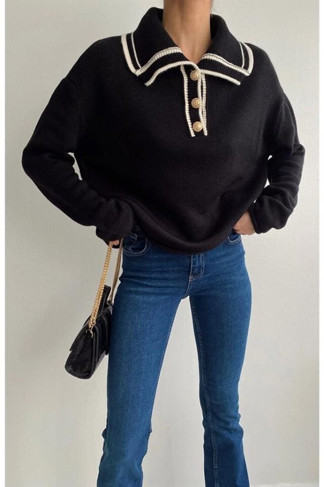 Patlı Gömlek Yaka Kadın Triko Kazak