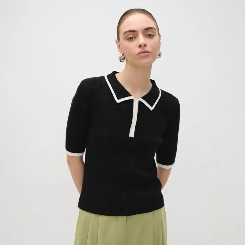 Ekru Kısa Kollu Premium Polo Yaka Fermuar Görünümlü  Triko Kadın T-Shirt