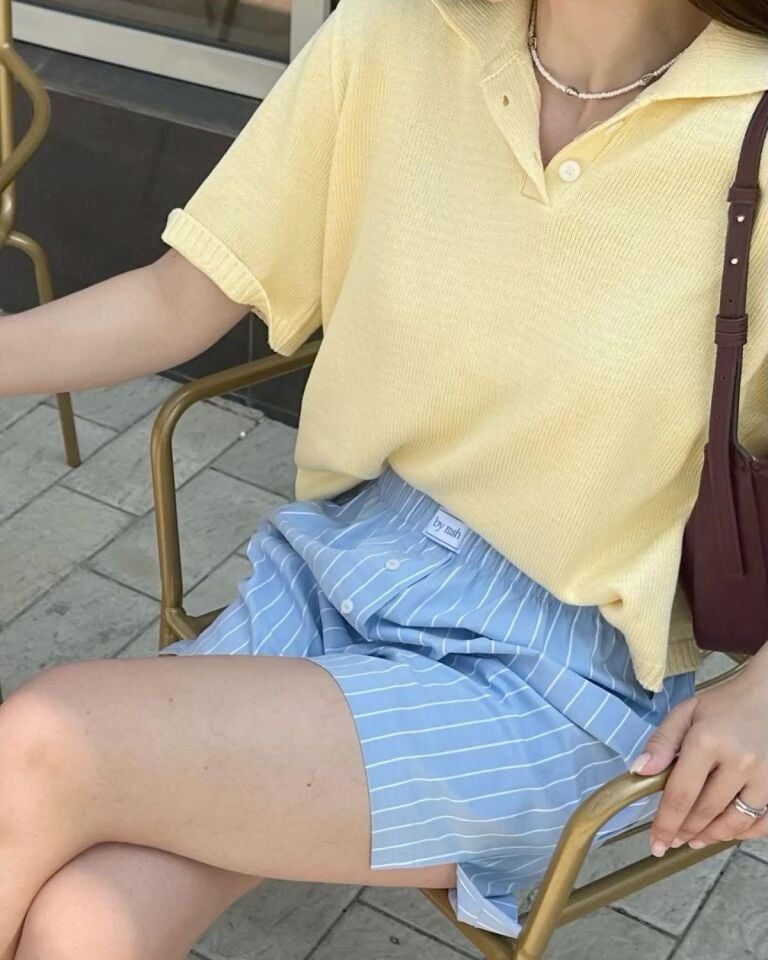 Polo Yaka Kısa Kollu Sarı Kadın Triko T-Shirt