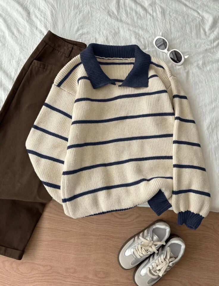 Ekru Lacivert Selanik Örgü Polo Yaka Oversize Kadın Triko Kazak