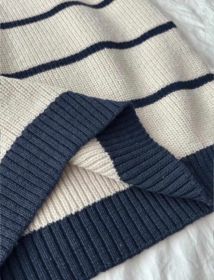 Ekru Lacivert Selanik Örgü Polo Yaka Oversize Kadın Triko Kazak