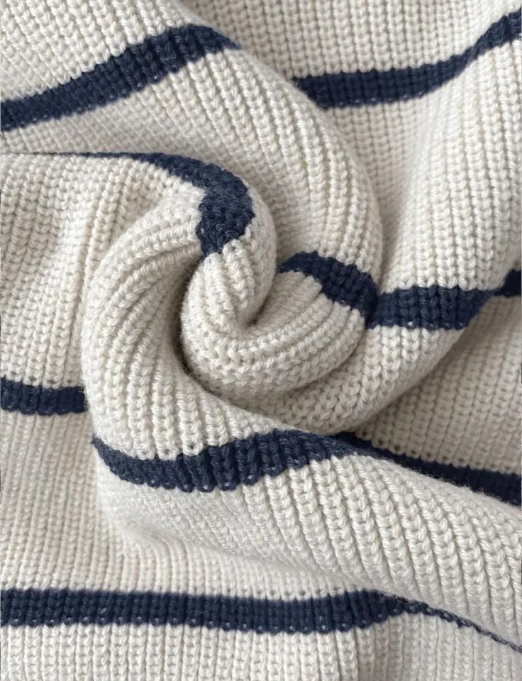 Ekru Lacivert Selanik Örgü Polo Yaka Oversize Kadın Triko Kazak