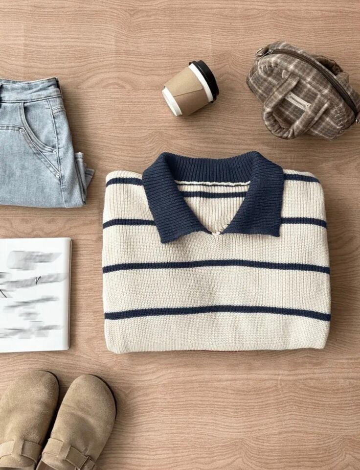 Ekru Lacivert Selanik Örgü Polo Yaka Oversize Kadın Triko Kazak