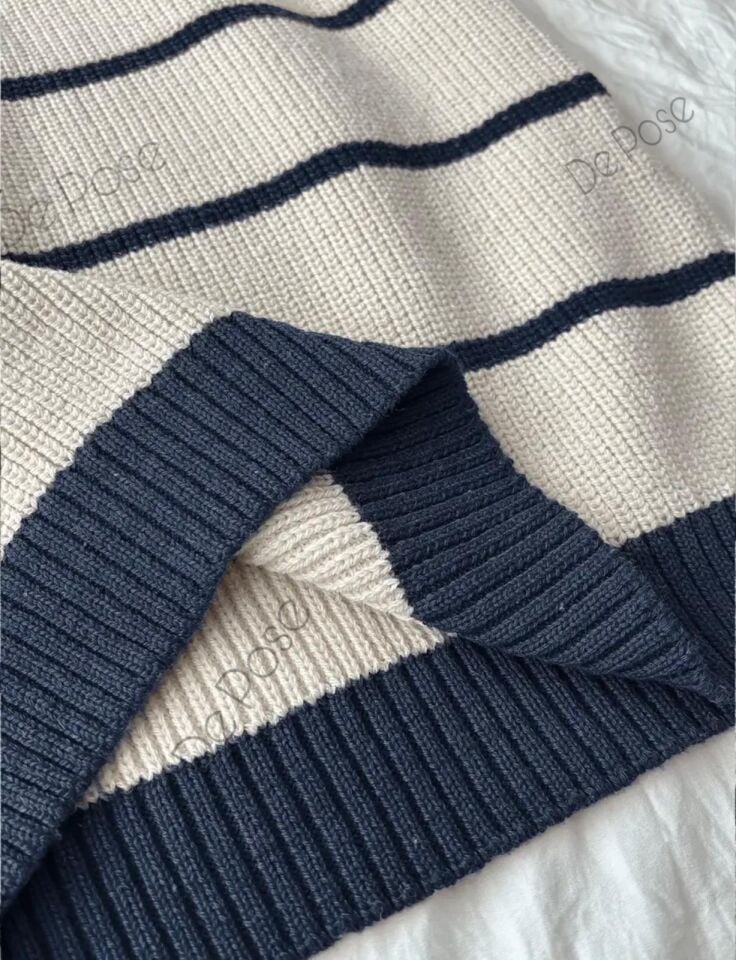 Ekru Lacivert Selanik Örgü Polo Yaka Oversize Kadın Triko Kazak