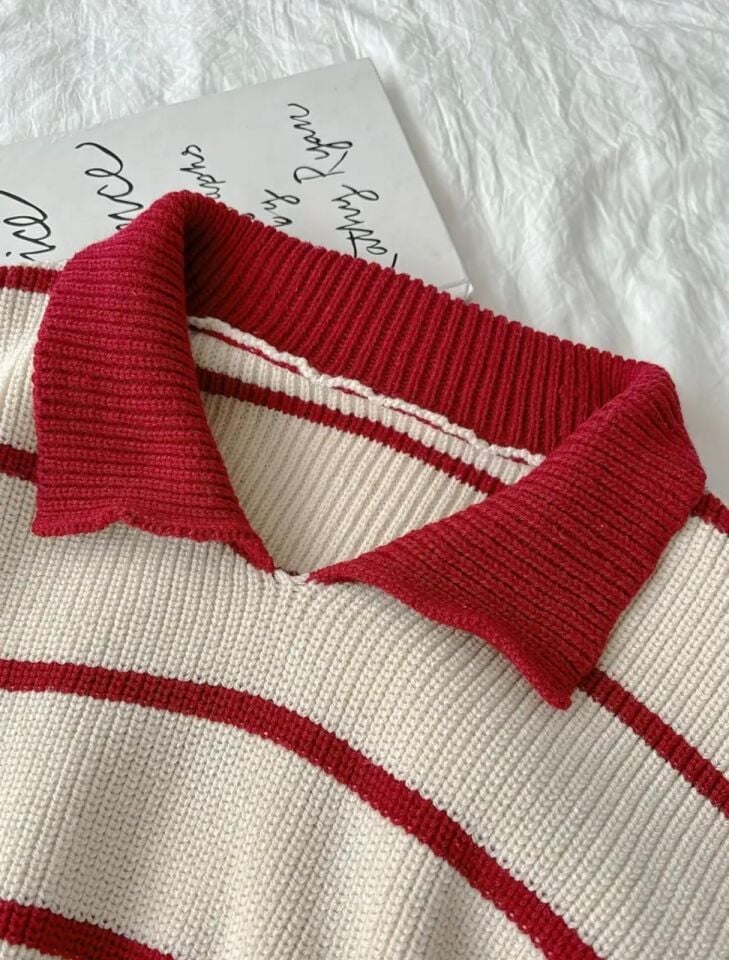Ekru Bordo Selanik Örgü Polo Yaka Oversize Kadın Triko Kazak