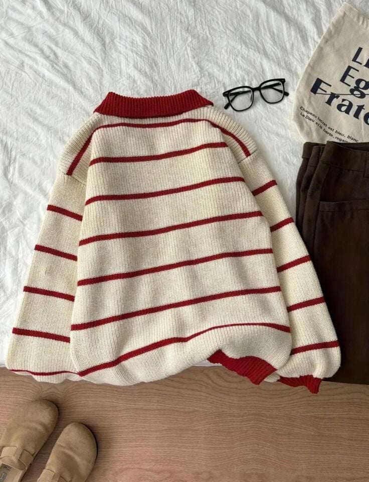 Ekru Bordo Selanik Örgü Polo Yaka Oversize Kadın Triko Kazak