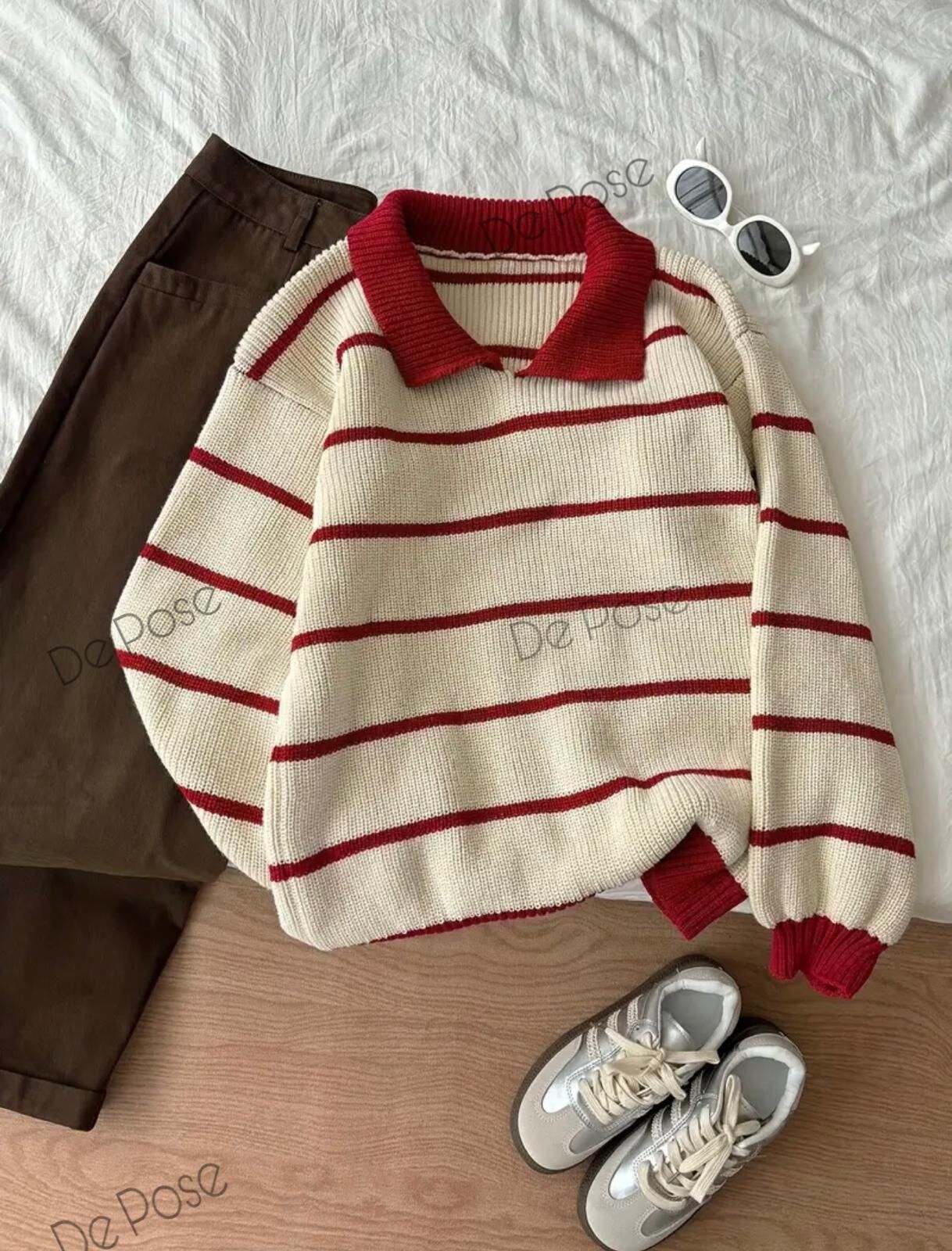 Ekru Bordo Selanik Örgü Polo Yaka Oversize Kadın Triko Kazak