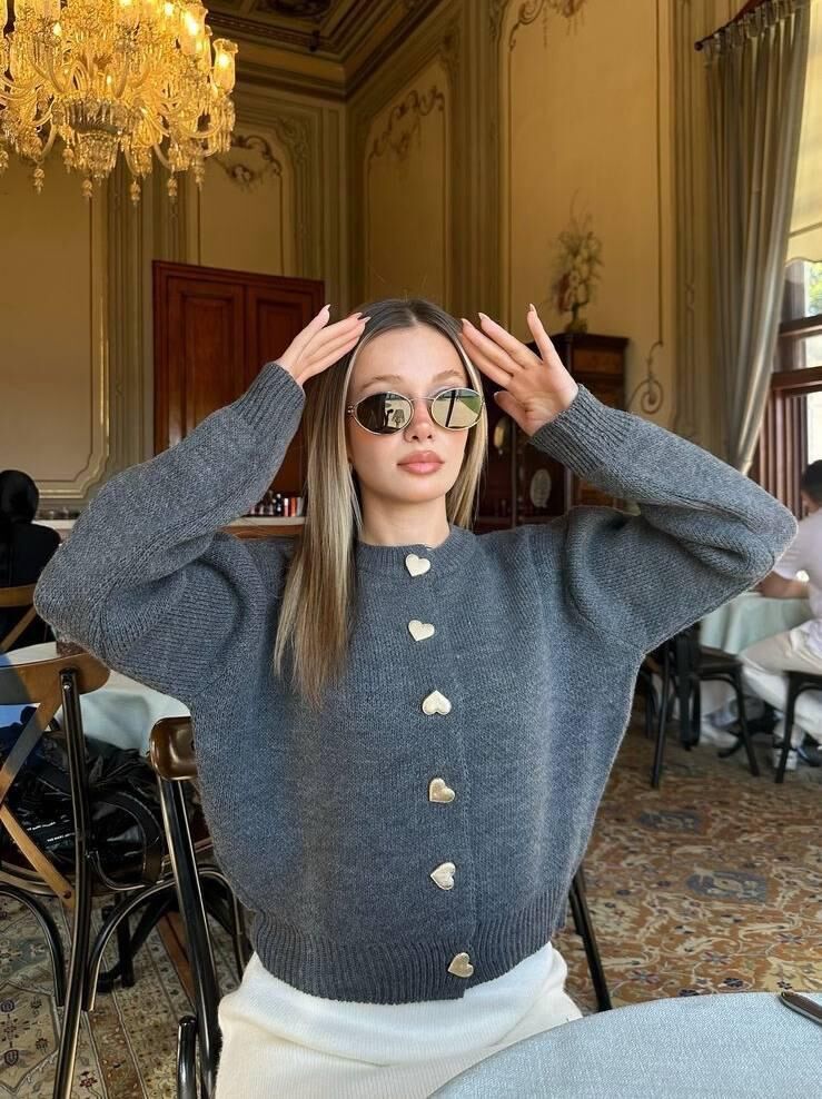 Kalp Düğme Detaylı Triko Antrasit Hırka