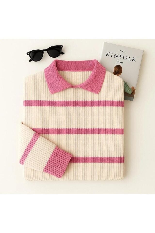 Ekru Pembe Selanik Örgü Polo Yaka Oversize Kadın Triko Kazak