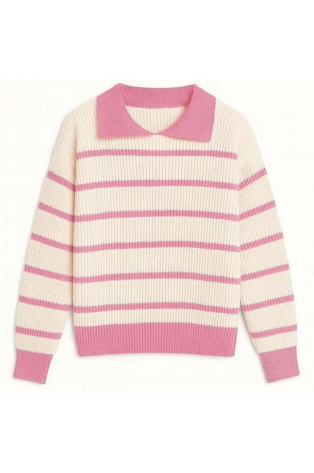 Ekru Pembe Selanik Örgü Polo Yaka Oversize Kadın Triko Kazak