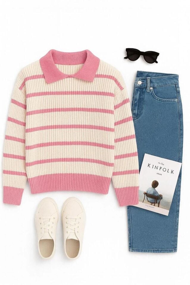 Ekru Pembe Selanik Örgü Polo Yaka Oversize Kadın Triko Kazak