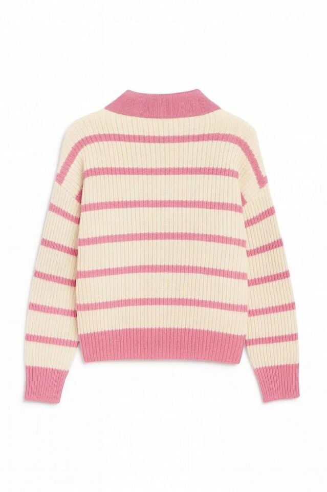 Ekru Pembe Selanik Örgü Polo Yaka Oversize Kadın Triko Kazak