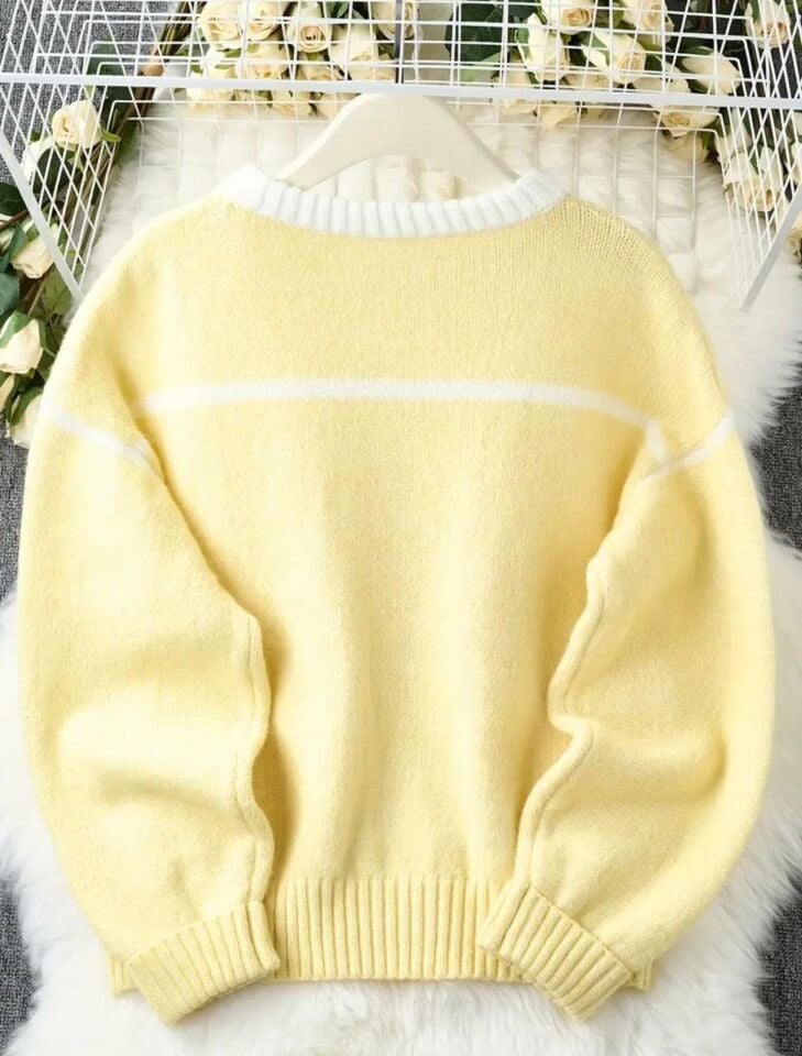 Limon Sarı Bisiklet Yaka Oversize Triko Kazak