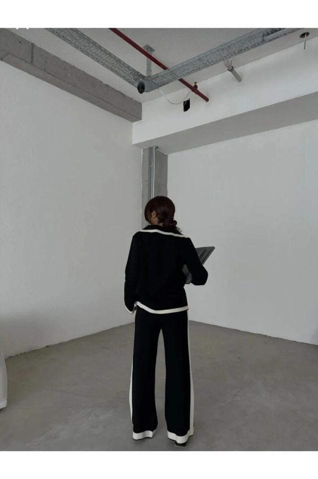 Kadın Premium Kumaş Triko Takım Gold Düğmeli Şerit Detaylı Hırka Ve Palazzo Pantolon