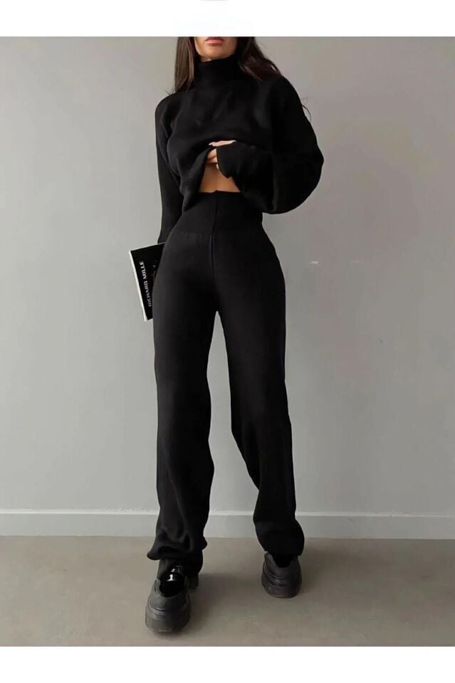 Parmak Geçmeli Crop Yüksek Bel Triko Takım Siyah