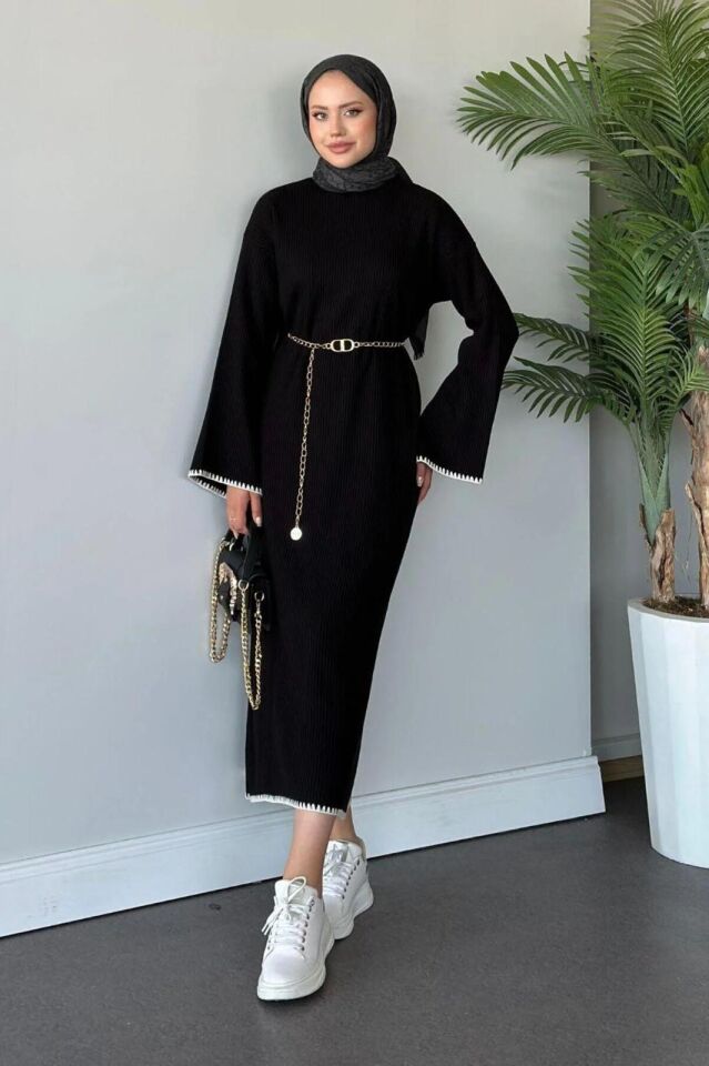 Tesettür Triko Çoban Desen Detaylı Siyah Elbise