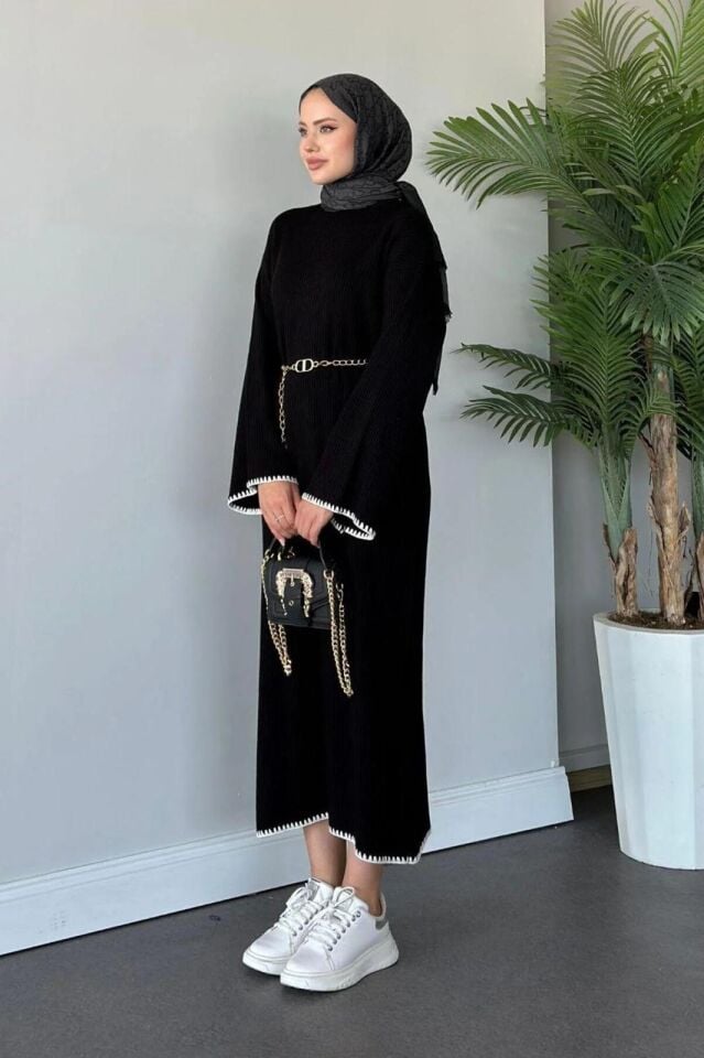 Tesettür Triko Çoban Desen Detaylı Siyah Elbise