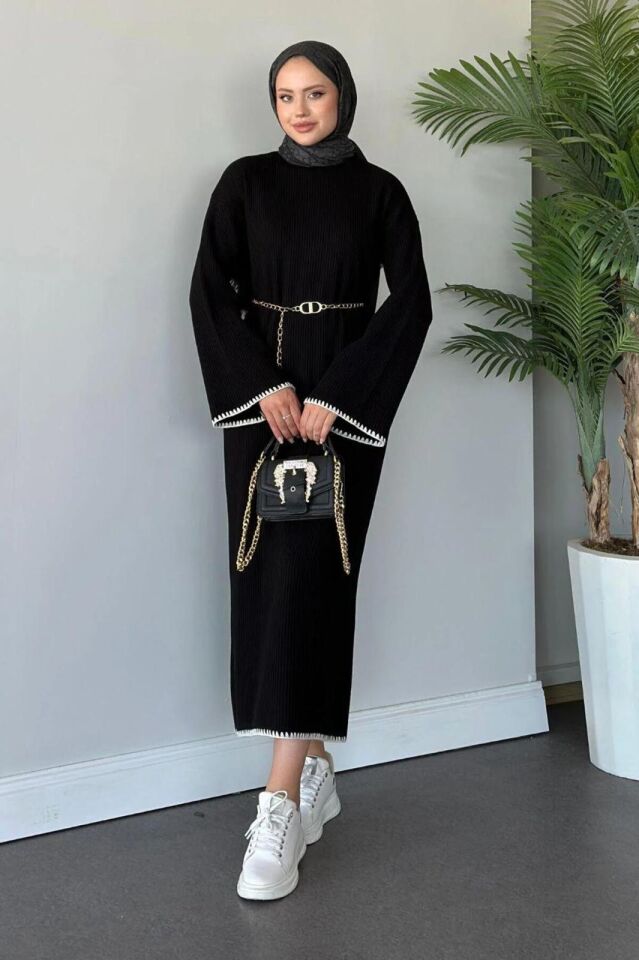 Tesettür Triko Çoban Desen Detaylı Siyah Elbise
