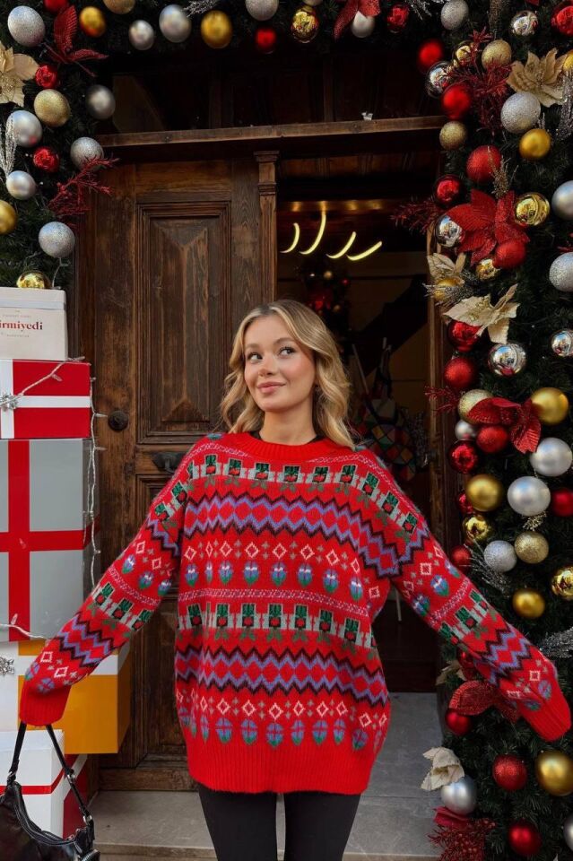 Yılbaşı Özel Etnik Desenli Unisex Triko Kazak 1 Adettir