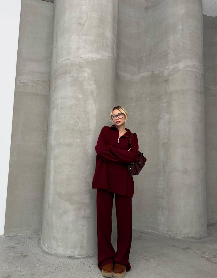 Baharlık Bordo Örgü Detaylı Oversize Kazak Pantolon Triko Alt-üst Takım