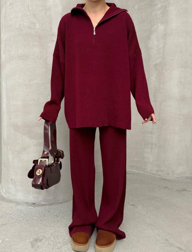 Baharlık Bordo Örgü Detaylı Oversize Kazak Pantolon Triko Alt-üst Takım