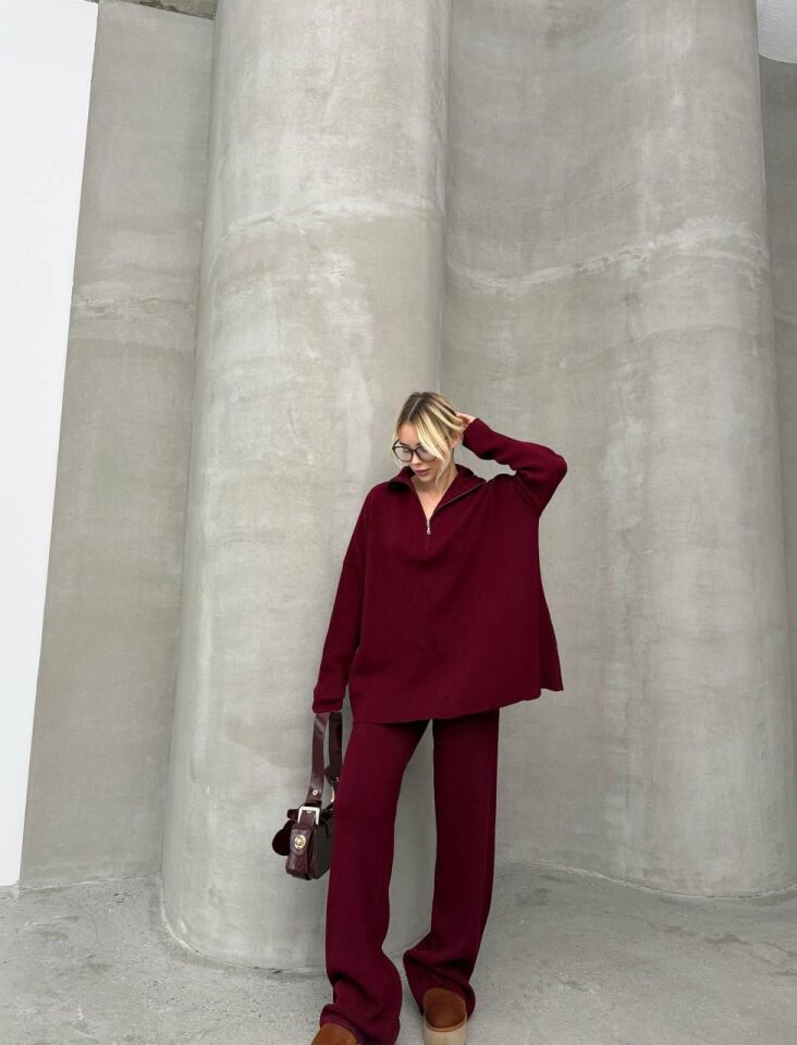 Baharlık Bordo Örgü Detaylı Oversize Kazak Pantolon Triko Alt-üst Takım